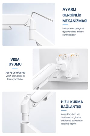 Tek Kollu Monitör Kolu VESA Uyumlu Hareket Ayarlanabilir Monitör Standı 17-32" 9KG Kapasite Beyaz