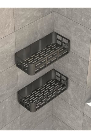 Deyhome EVO 2li Yapışkanlı Duvar Organizer Siyah Banyo Duş Rafı Seti Delme Gerektirmez Banyo