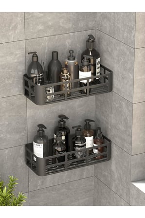 Deyhome EVO 2li Yapışkanlı Duvar Organizer Siyah Banyo Duş Rafı Seti Delme Gerektirmez Banyo