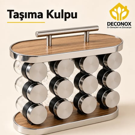 Deconox Standlı 12’li Cam Baharatlık Seti, Metal Kapaklı Şeffaf Baharat Kavanozları