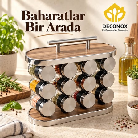 Deconox Standlı 12’li Cam Baharatlık Seti, Metal Kapaklı Şeffaf Baharat Kavanozları