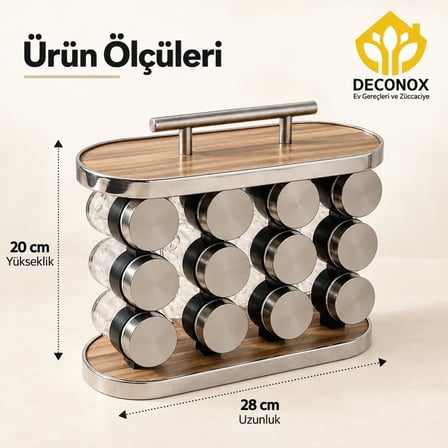 Deconox Standlı 12’li Cam Baharatlık Seti, Metal Kapaklı Şeffaf Baharat Kavanozları
