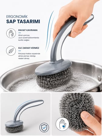 Beylini 20GR Tutma Saplı Bulaşık Teli Ergonomik Dayanıklı Güvenli Paslanmaz Lüks Bulaşık Ovma
