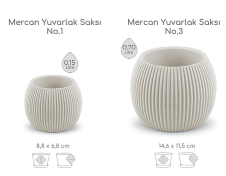 Mercan Yuvarlak Saksı Seti 0,15 litre + 0,7 litre, İç Mekan