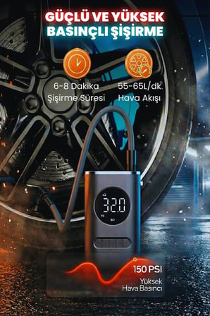 Embatech Hava Pompası 150 Psı 4000MAH LED Işıklı LCD Ekranlı Taşınabilir Şarjlı hava Kompresör Araç