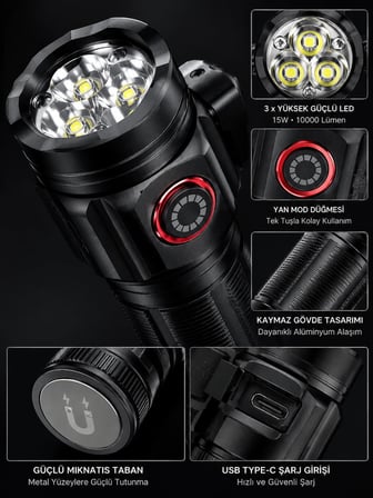 Busstier 10000 Lümen Mıknatıslı Mini El Feneri 15W Güçlü LED Şarjlı Yedek Pilli Taşıma Çantalı