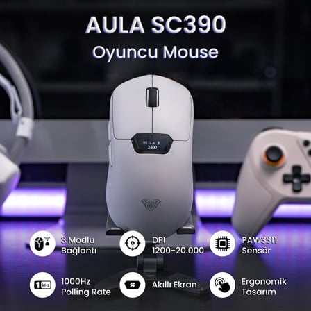 Aula SC390 PAW3311 Sensör 20000 DPI 1000Hz Kablolu ve Kablosuz Gaming Oyuncu Mouse Beyaz