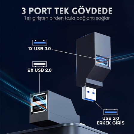Furalis USB Çoklayıcı Hub 3 Port Switch - 1x USB 3.0 + 2x USB 2.0 - Siyah