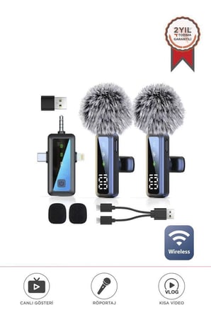 Torima Yaka Mikrofonu Type-C Lightning Aux 2 Adet 3IN1 Kablosuz Mikrofon H68 Siyah