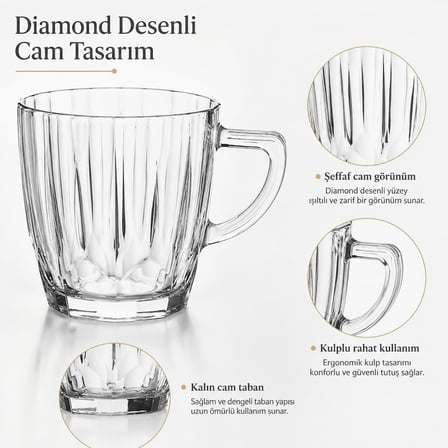 Paşabahçe Diamond Kulplu Çay Bardağı 245 cc, 2 Adet Cam Bardak