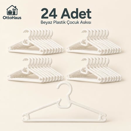 OttoHaus 24 Adet Çocuk Askısı, Beyaz Plastik Elbise Askısı