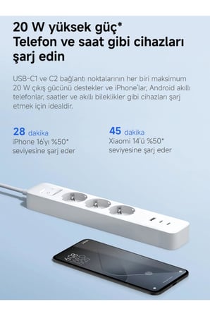 Xiaomi 20W Power Strip 3’lü Priz - 2× USB-C + 1× USB-A Hızlı Şarj (Xiaomi Türkiye Garantili)
