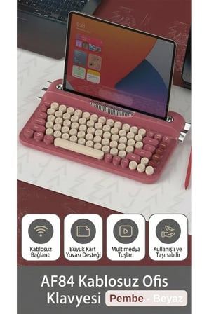 Coverzone Kablosuz Bluetooth ve 2.4G Çift Modlu Retro Daktilo Tasarımlı Klavye - Kırmızı)