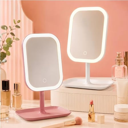 LED Işıklı Makyaj Aynası, 3 Farklı Işık Modu, 360 Derece Döndürülebilir, Dokunmatik Tuşlu