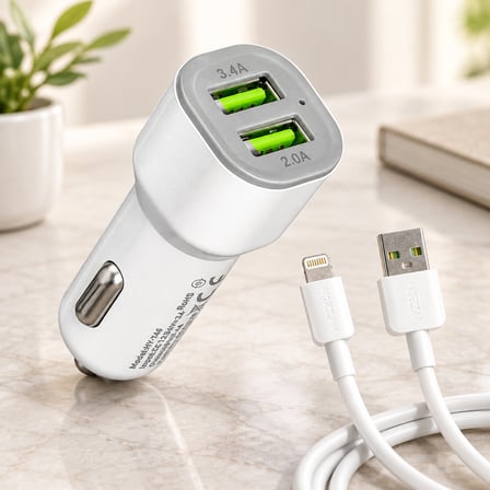 Lexroo Araç Çakmaklık Çift USB Hızlı Şarj Başlığı ve Lightning Kablosu