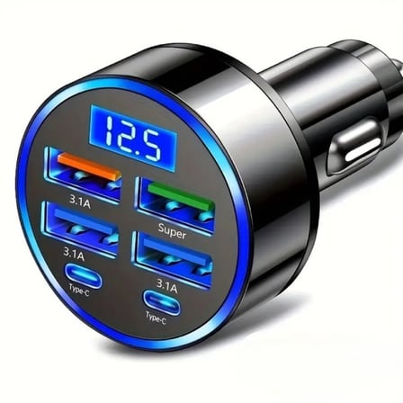 Lexroo 6 Portlu Hızlı Araç Şarj Cihazı – 4 USB + 2 Type-C Çıkışlı Dijital Göstergeli Oto Şarjı
