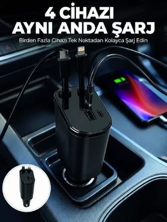 Lexroo 120w Hızlı Şarj Destekli 4'ü 1 Arada Araç Şarj Cihazı Type-c, Lightning, Usb Ve Usb-c Çıkışlı