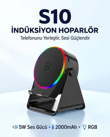 Lexroo S10 5W Bluetooth + Temasıyla Ses Yükselten İndüksiyon Hoparlör 2000 Mah RGB Işıklı Standlı