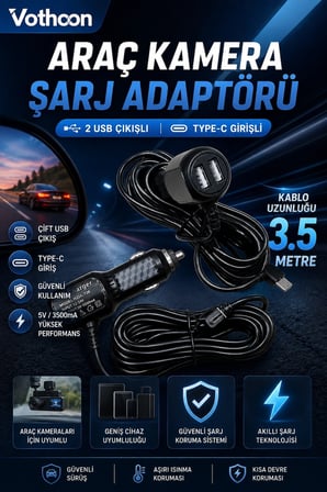 Lexroo Araç Kamera Şarj Adaptörü 2 Usb’li Type-c Girişli 3.5 Metre Kablo Uzunluğu