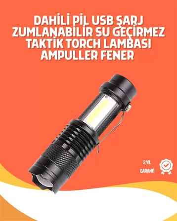 Lexroo Şarjlı Led El Feneri - 14500 Pil Dahil, 4 Işık Modu, Mini Boy