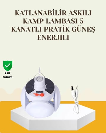 Lexroo Güneş Paneliyle Şarj Olan Katlanabilir Led Çadır Lambası – 5 Kademeli Aydınlatma
