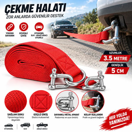 Lexroo Kemer Çekme Halatı, 3,5 Metre, 1500 kg Kapasiteli, 5 cm Genişlik, Naylon Araç Çekme Halatı