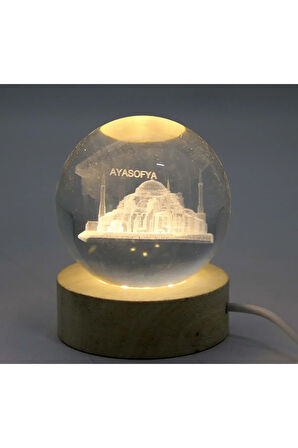 3D Kristal Cam Küre Ahşap Soketl i Ayasofya Temalı Led Lamba