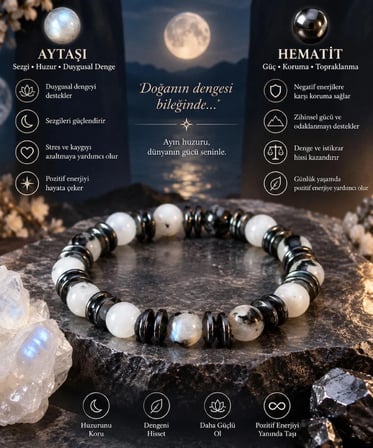 Ay Taşı ve Hematit Taşlı Tasarım El Yapımı Unisex Bileklik