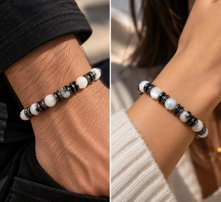 Ay Taşı ve Hematit Taşlı Tasarım El Yapımı Unisex Bileklik