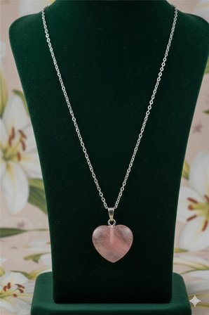 Doğal Pembe Kuvars Taşı Kalp Kolye - Aşk ve Sevgi Taşı