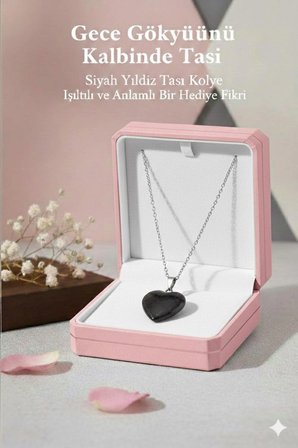Siyah Yıldız Taşı Kalp Kolye - Işıltılı Doğal Taş Kadın Kolye - 45 cm Gümüş Renk Zincirli