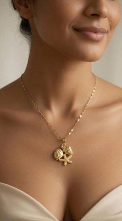18 Ayar Altın Kaplama Deniz Yıldızı ve Deniz Kabuğu Figürlü Burgu Zincir Kolye
