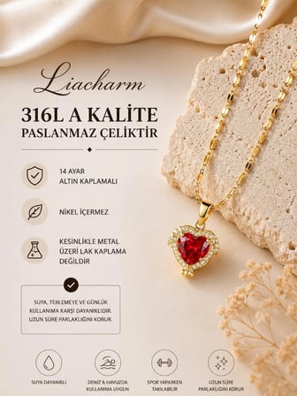 Kadınlar İçin Özel 14 Ayar Altın Kaplama Zirkon Taşlı Kırmızı Kalp Kolye