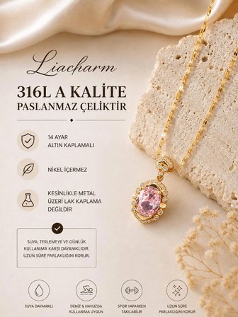Kadınlar İçin Özel Tasarım 14 Ayar Altın Kaplama Oval Pembe Zirkon Taşlı Kolye