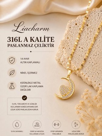 Kadın Paslanmaz Çelik 14 Ayar Altın Kaplama Işıltılı Ay ve Kalp Kolye