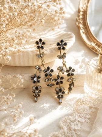 Siyah Kriatal Taşlı Çiçek Motifli Sallantılı Abiye Küpe - Gold Kaplama Işıltılı Gece Küpesi