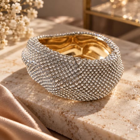Işıltılı Taşlı Abiye Kelepçe Bileklik - Gold Kaplama Dalgalı Tasarım Kadın Bileklik