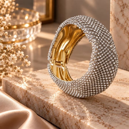 Işıltılı Taşlı Abiye Kelepçe Bileklik - Gold Kaplama Dalgalı Tasarım Kadın Bileklik