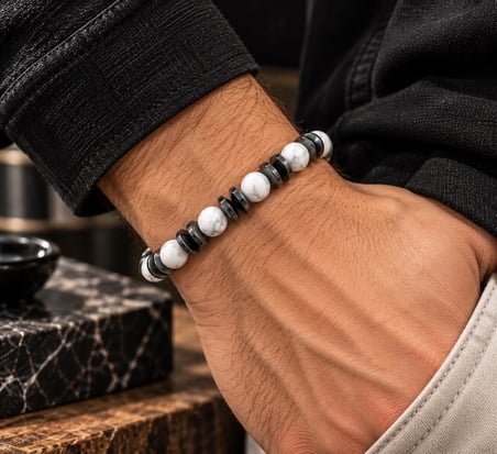 El Yapımı Havlit ve Hematit Doğal Taş Unisex Bileklik