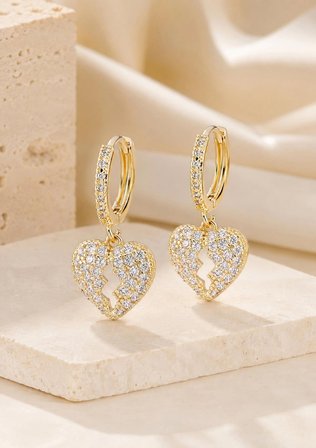 14K Altın Kaplama Zirkon Taşlı Kırık Kalp Detaylı Sallantılı Küpe