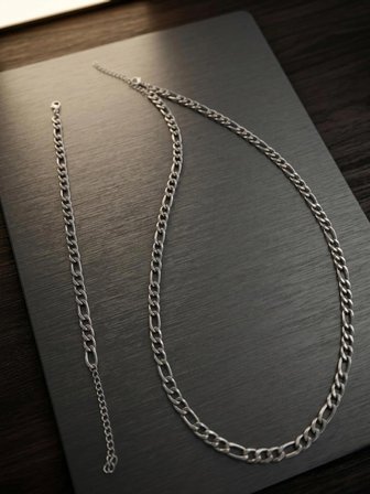 Erkek Gümüş Renk Figaro Zincir Kolye ve Bileklik Seti (5x8 mm) – İtalyan Model Takı