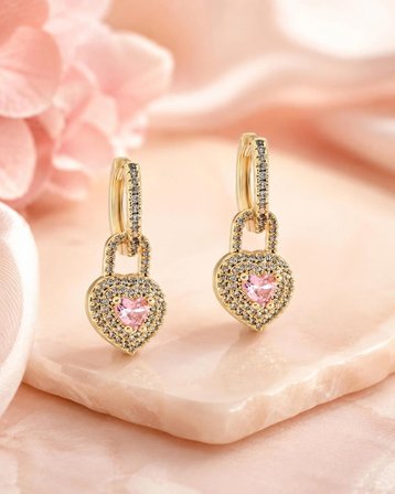 14K Altın Kaplama Kalp Detaylı Pembe Taşlı Zirkon Küpe - Kilit Tasarım Sallantılı Küpe