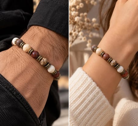 Doğal Taş Fosil Mercan ve Hematit Taşlı Unisex Tasarım El Yapımı Bileklik