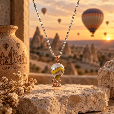 Kapadokya Balon Figürlü Gümüş Renk Kolye -Mineli Sıcak Hava Balonu Kolye