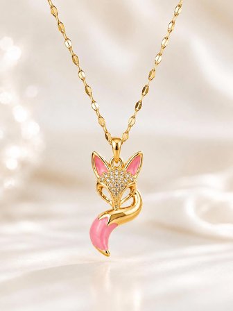 Zirkon Taşlı Pembe Mineli Tilki Figürlü Altın Kaplama Zincir Kolye