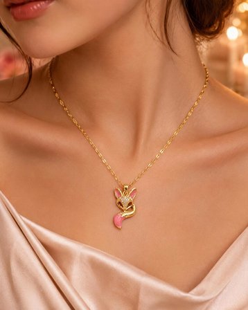 Zirkon Taşlı Pembe Mineli Tilki Figürlü Altın Kaplama Zincir Kolye