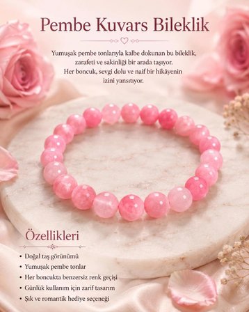 Tasarım El Yapımı Doğal Taş Pembe Gül Kuvars Kadın Bileklik(8mm)