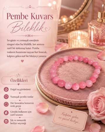 Tasarım El Yapımı Doğal Taş Pembe Gül Kuvars Kadın Bileklik(8mm)