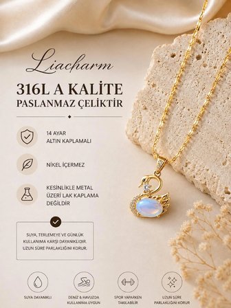 Kadınlar İçin Özel Tasarım 14 Ayar Altın Kaplama Zirkon Taşlı Kuğu Kolye