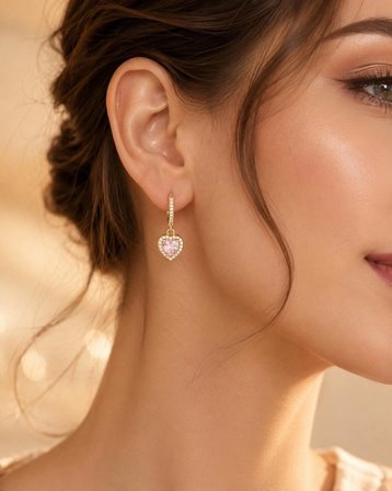 Kadın Paslanmaz Çelik Zirkon Taşlı Pembe Kalp Sarkıtlı Halka Küpe